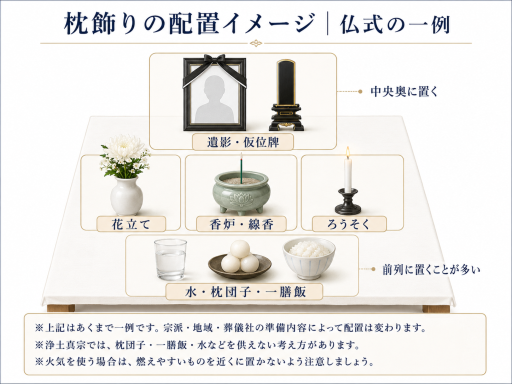 枕飾りの配置イメージ|仏式の一例
※あくまで一例です。宗派・地域・葬儀社の準備内容によって配置は変わります。
※浄土真宗では、枕団子・一膳飯・水などを供えない考え方があります。
※火気を使う場合は、燃えやすいものを近くに置かないよう注意しましょう。