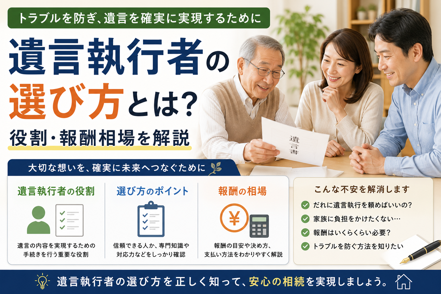 遺言執行者の選び方とは？役割・報酬相場を解説