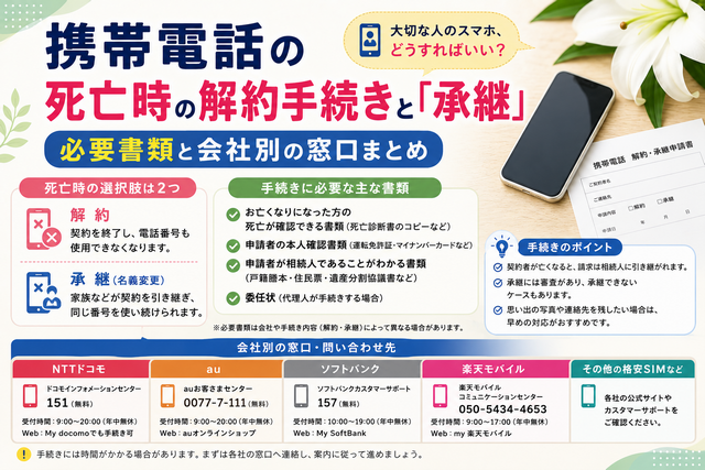 携帯電話の死亡時の解約手続きと「承継」｜必要書類と会社別の窓口まとめ