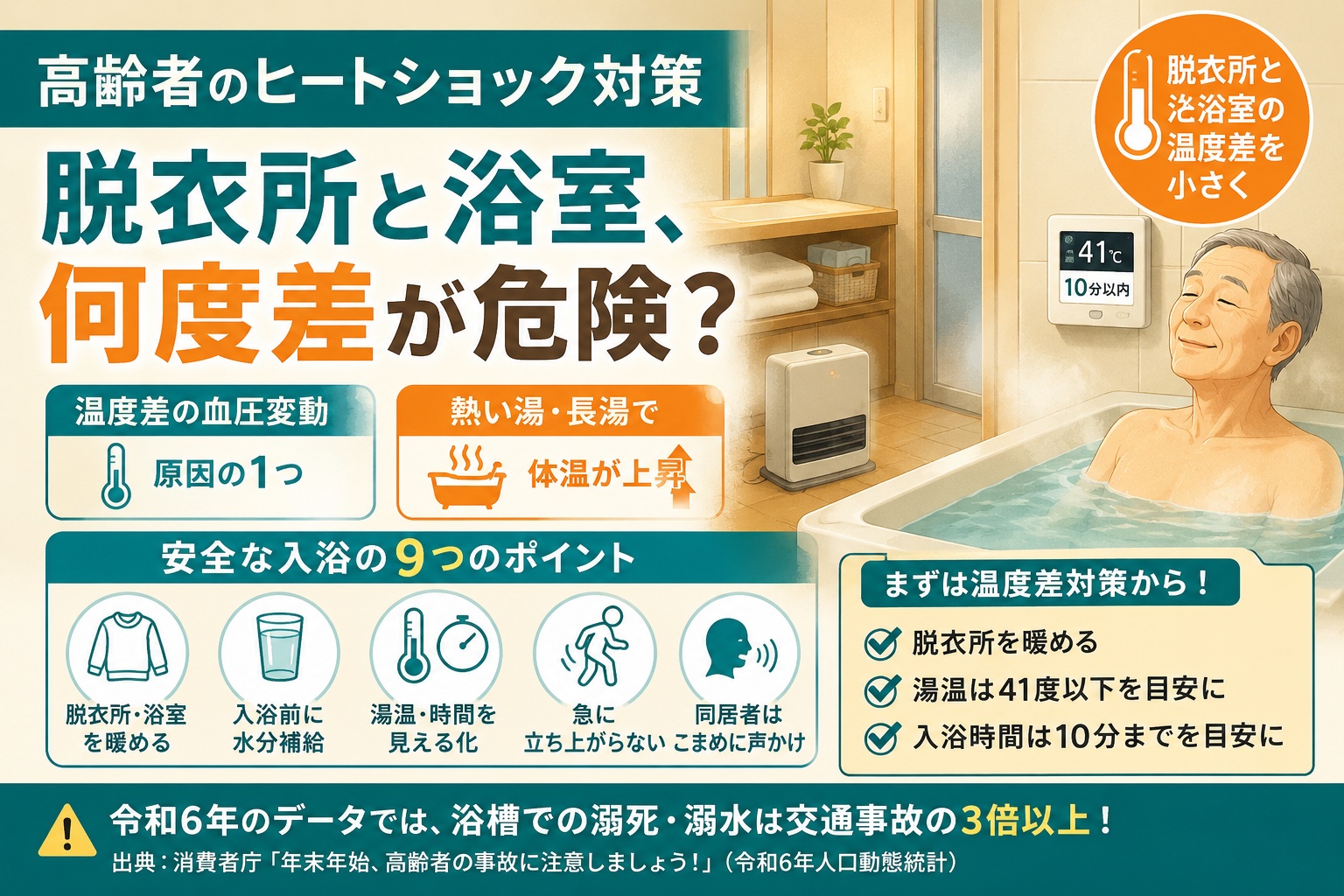 高齢者のヒートショック対策｜脱衣所と浴室、何度差が危険？