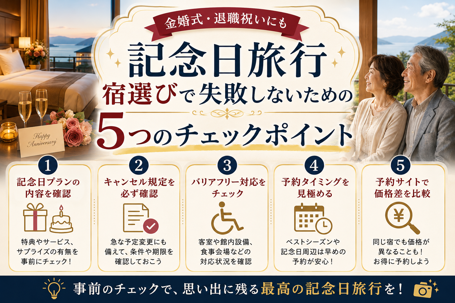 記念日旅行、宿選びで失敗しないための5つのチェックポイント｜金婚式・退職祝いにも