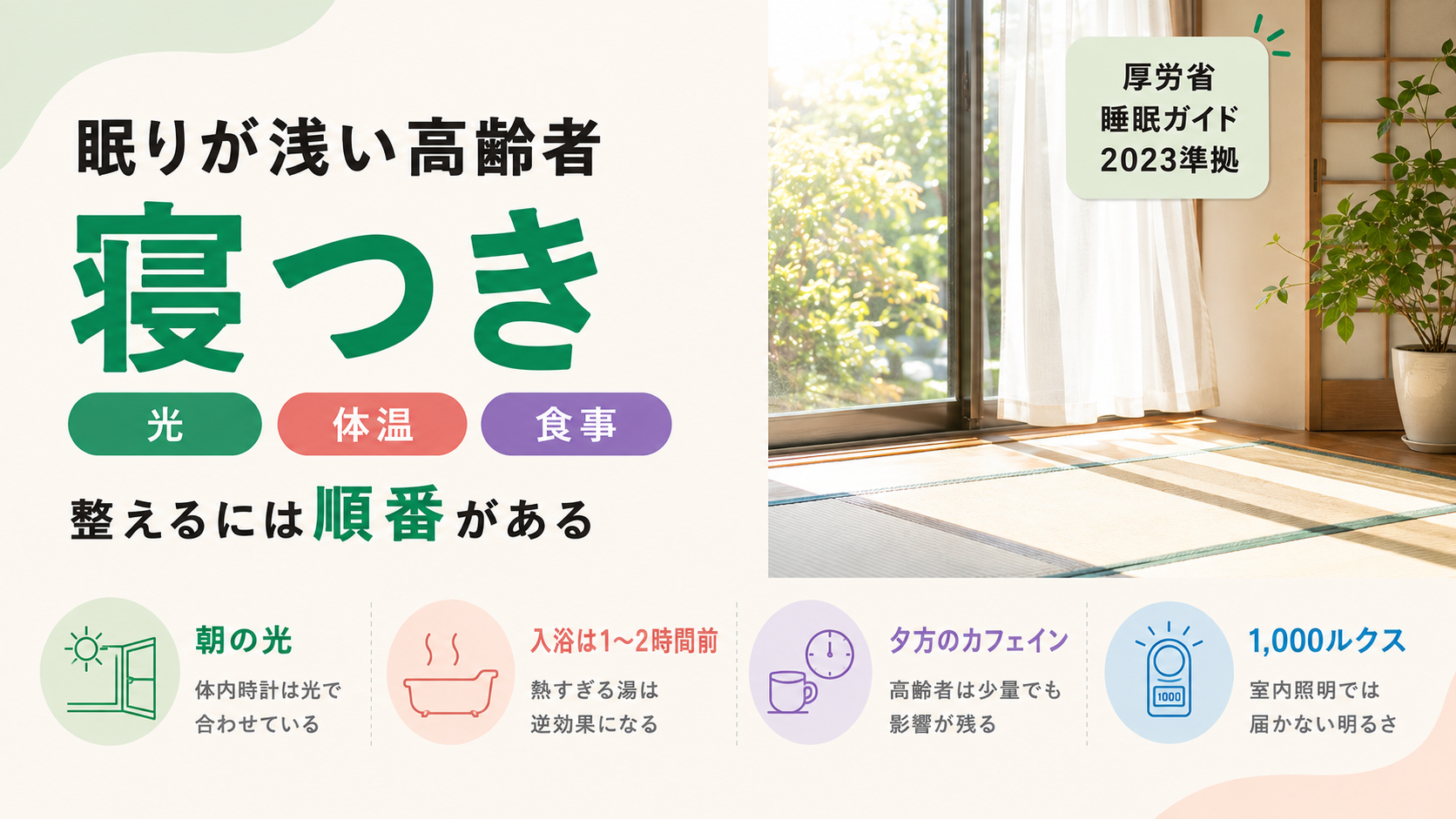 寝つきが悪い・眠りが浅い高齢者｜光・体温・食事で整える順番と目安
